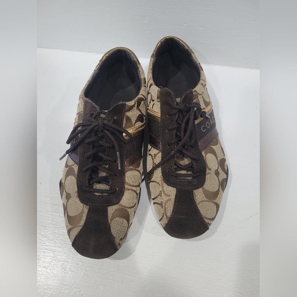 AUTHENTIC COACH JAYME SNEAKERS BROWN&GOLD SIGNATURE SHOE SUEDE & CANVAS Size 8.5